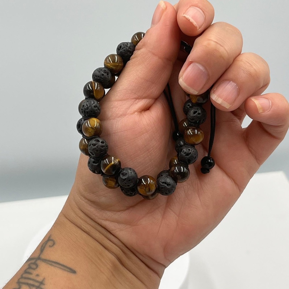 Vintage Natural Tiger's Eye & Lava Rock Bracelet Double Strand Cord Stone Boho - Picture 8 of 9